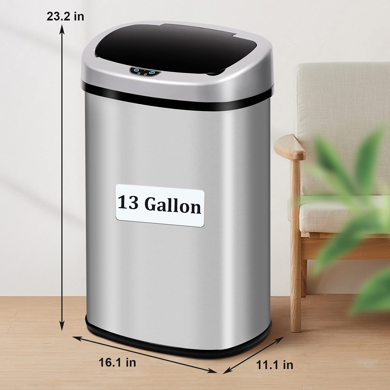 Kitchen Trash Can 13 Gallon Stainless Steel Trash Can, Automatic Touchless Garbage Can with Lid, Trash Bin Waste Bin with Infrared Motion Sensor for Bathroom Bedroom Home Office, Sliver