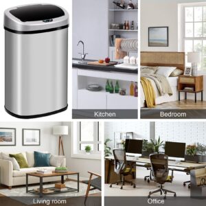 Kitchen Trash Can 13 Gallon Stainless Steel Trash Can, Automatic Touchless Garbage Can with Lid, Trash Bin Waste Bin with Infrared Motion Sensor for Bathroom Bedroom Home Office, Sliver