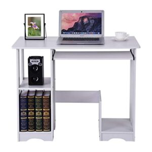 Desktop Home Computer Desk, Modern Minimalist Office Desks Creative Writing Study PC Laptop Table Multipurpose Workstation with Keyboard Tray, Drawer & Shelves for Small Spaces (US Direct, White)