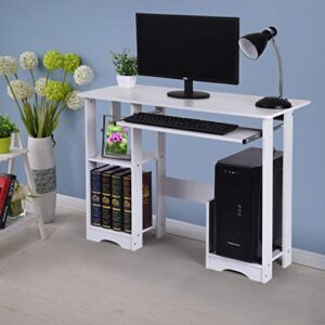 desktop home computer desk, modern minimalist office desks creative writing study pc laptop table multipurpose workstation with keyboard tray, drawer & shelves for small spaces (us direct, white)