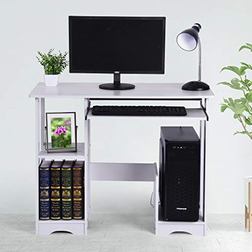 Desktop Home Computer Desk, Modern Minimalist Office Desks Creative Writing Study PC Laptop Table Multipurpose Workstation with Keyboard Tray, Drawer & Shelves for Small Spaces (US Direct, White)