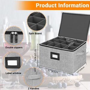 homyfort Wine Glass Storage Boxes with Dividers,China Storage Containers Stemware Chest Boxes Holds 12 Wine Glass or Crystal Glassware with Label Window and Handles,Hard Shell and Stackable (Grey)