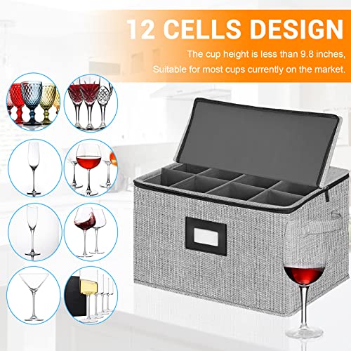 homyfort Wine Glass Storage Boxes with Dividers,China Storage Containers Stemware Chest Boxes Holds 12 Wine Glass or Crystal Glassware with Label Window and Handles,Hard Shell and Stackable (Grey)