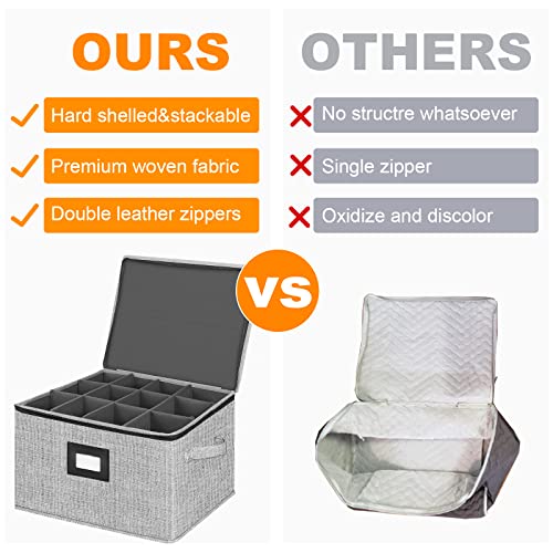 homyfort Wine Glass Storage Boxes with Dividers,China Storage Containers Stemware Chest Boxes Holds 12 Wine Glass or Crystal Glassware with Label Window and Handles,Hard Shell and Stackable (Grey)