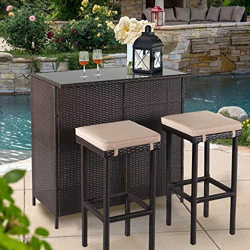 Omelaza 3-Piece Patio Bar Table Set Outdoor Wicker Bistro Set - Glass Bar and Two Stools with Cushions for Patios, Backyards, Porches, Gardens or Poolside