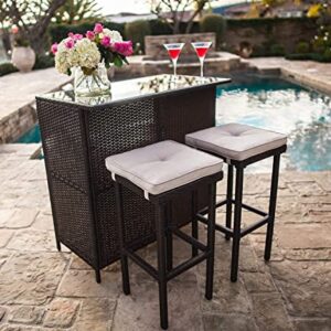 Omelaza 3-Piece Patio Bar Table Set Outdoor Wicker Bistro Set - Glass Bar and Two Stools with Cushions for Patios, Backyards, Porches, Gardens or Poolside