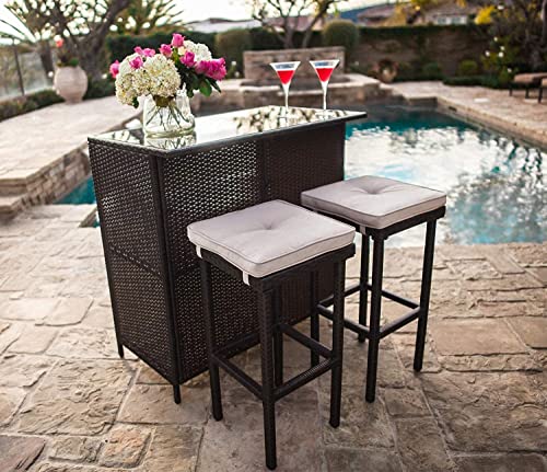 Omelaza 3-Piece Patio Bar Table Set Outdoor Wicker Bistro Set - Glass Bar and Two Stools with Cushions for Patios, Backyards, Porches, Gardens or Poolside