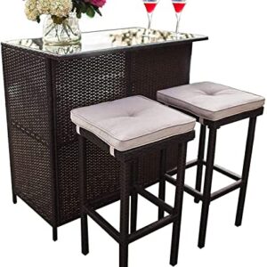 Omelaza 3-Piece Patio Bar Table Set Outdoor Wicker Bistro Set - Glass Bar and Two Stools with Cushions for Patios, Backyards, Porches, Gardens or Poolside