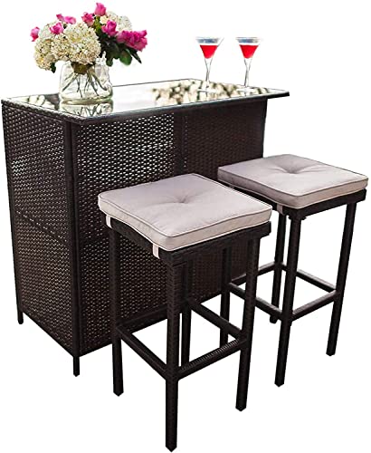 Omelaza 3-Piece Patio Bar Table Set Outdoor Wicker Bistro Set - Glass Bar and Two Stools with Cushions for Patios, Backyards, Porches, Gardens or Poolside