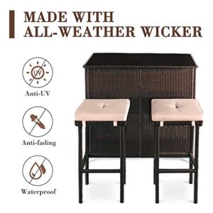 Omelaza 3-Piece Patio Bar Table Set Outdoor Wicker Bistro Set - Glass Bar and Two Stools with Cushions for Patios, Backyards, Porches, Gardens or Poolside