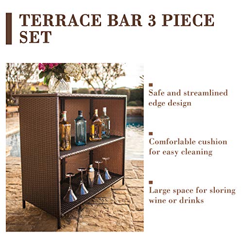 Omelaza 3-Piece Patio Bar Table Set Outdoor Wicker Bistro Set - Glass Bar and Two Stools with Cushions for Patios, Backyards, Porches, Gardens or Poolside