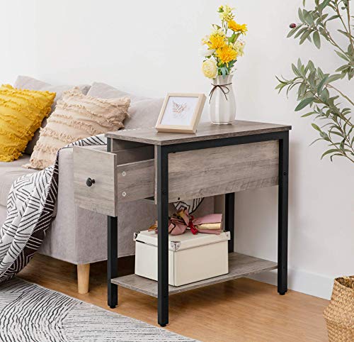 HOOBRO Side Table, 2-Tier Nightstand with Drawer, Narrow End Table for Small Spaces, Stable and Sturdy Construction, Wood Look Accent Furniture with Metal Frame, Greige and Black BG04BZ01