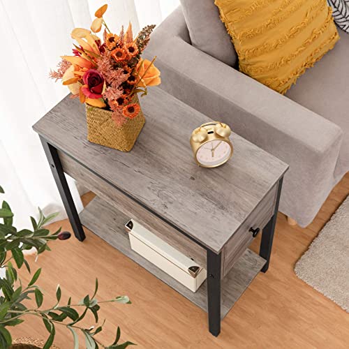 HOOBRO Side Table, 2-Tier Nightstand with Drawer, Narrow End Table for Small Spaces, Stable and Sturdy Construction, Wood Look Accent Furniture with Metal Frame, Greige and Black BG04BZ01