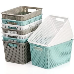 wuweot 9 pack plastic storage basket bins organizer, cabinet and shelf basket with handle,10" l x 6.8" w x 5.5" h, 3 colors