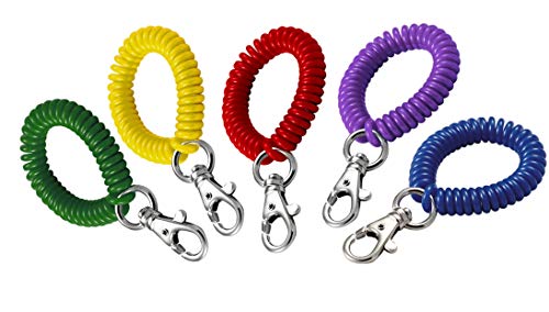 Lucky Line 2” Diameter Spiral Wrist Coil with Trigger Snap, Flexible Wrist Band Key Chain Bracelet, Stretches to 12”, Assorted Colors, 5 Pack (4071005)