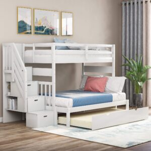 harper & bright designs stairway twin over twin/full bunk bed with twin size trundle and drawers, solid wood bunk bed staircase can be placed on the left or right side (white)