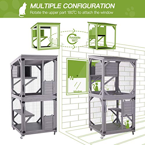 GUTINNEEN Cat House Outdoor Cage Cat Enclosure on Wheels,Large Wooden Kitty Catio with Resting Box,PVC Layer