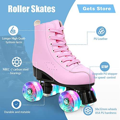 Women's Roller Skates PU Leather High-top Roller Skates Four-Wheel Roller Skates Double Row Shiny Roller Skates for Indoor Outdoor (Pink flash,40-US: 8.5)