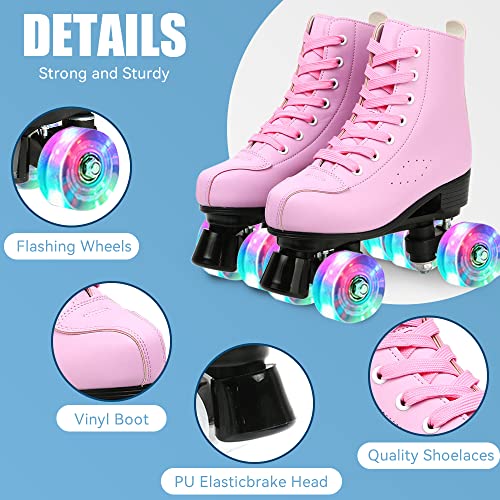 Women's Roller Skates PU Leather High-top Roller Skates Four-Wheel Roller Skates Double Row Shiny Roller Skates for Indoor Outdoor (Pink flash,40-US: 8.5)