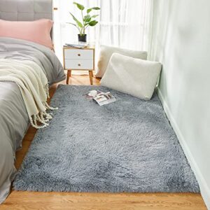ohgeni machine washable 4x5.3 feet area rug for bedroom, living room, dorm room, fluffy soft faux fur rugs non-slip floor carpet, kids nursery modern home decor grey (og1104)
