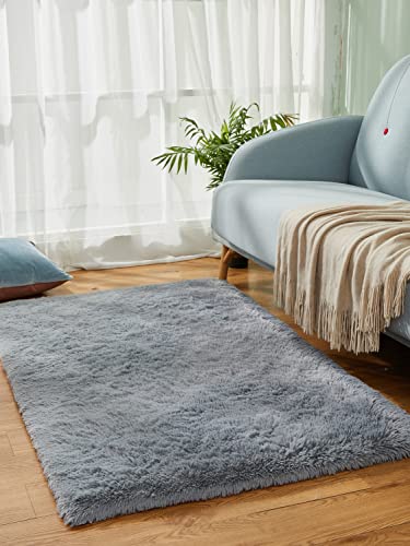 OhGeni Machine Washable 4x5.3 Feet Area Rug for Bedroom, Living Room, Dorm Room, Fluffy Soft Faux Fur Rugs Non-Slip Floor Carpet, Kids Nursery Modern Home Decor Grey (OG1104)