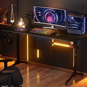 Furmax Gaming Desk T-Shaped Pc Computer Table with Carbon Fiber Surface Free Mouse Pad Home Office Desk Gamer Table Pro with Game Handle Rack Headphone Hook and Cup Holder (Black, 55 Inch)