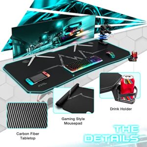 Furmax Gaming Desk T-Shaped Pc Computer Table with Carbon Fiber Surface Free Mouse Pad Home Office Desk Gamer Table Pro with Game Handle Rack Headphone Hook and Cup Holder (Black, 55 Inch)