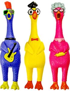 ja-ru rubber screaming chicken toy (3 chickens assorted) squeaky noise maker prank toys for kids. funny & annoying gag gifts. classic novelty squeeze items. pet dog chew toy. party favors. 1704-3s