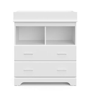 Storkcraft Brookside 2 Drawer Changing Table Dresser (White) – for Nursery with Table Topper, Chest of Drawers for Bedroom, Universal Design