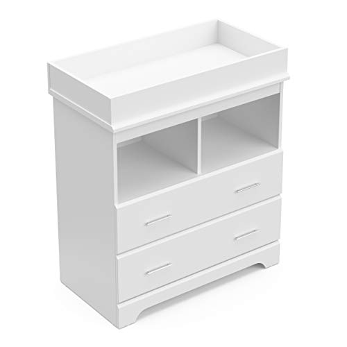 Storkcraft Brookside 2 Drawer Changing Table Dresser (White) – for Nursery with Table Topper, Chest of Drawers for Bedroom, Universal Design