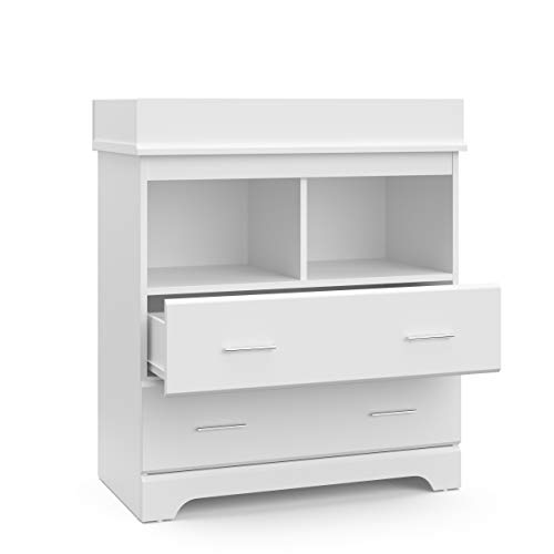 Storkcraft Brookside 2 Drawer Changing Table Dresser (White) – for Nursery with Table Topper, Chest of Drawers for Bedroom, Universal Design