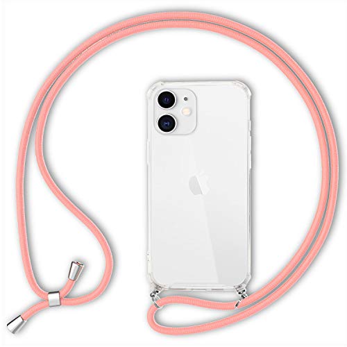 NALIA Necklace Cover with Band Compatible with iPhone 12 / iPhone 12 Pro Case, Transparent Protective Hardcase & Adjustable Holder Strap, Easy to Carry Crossbody Phone Bumper, Color:Pink