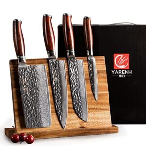 yarenh cleaver knife set with magnetic block, 5 piece professional sharp chef knives for kitchen, damascus stainless steel, 73 layers, full tang, sandalwood wood handle