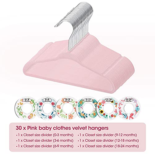 Minnebaby Velvet Baby Hangers 30 Pack, Ultra Thin No Slip Nursery Clothes Hangers with 6 Pcs Cute Clothing Dividers for Baby Boys & Girls Closet Organizer, Pink Kids Hangers