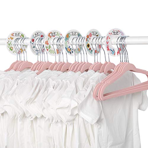 Minnebaby Velvet Baby Hangers 30 Pack, Ultra Thin No Slip Nursery Clothes Hangers with 6 Pcs Cute Clothing Dividers for Baby Boys & Girls Closet Organizer, Pink Kids Hangers