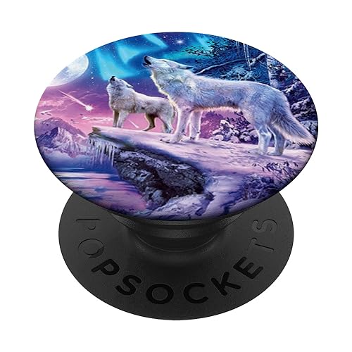 White Wolves Howling at Moon Northern Lights Pretty Wolf PopSockets Grip and Stand for Phones and Tablets PopSockets Standard PopGrip