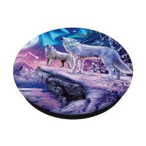 White Wolves Howling at Moon Northern Lights Pretty Wolf PopSockets Grip and Stand for Phones and Tablets PopSockets Standard PopGrip