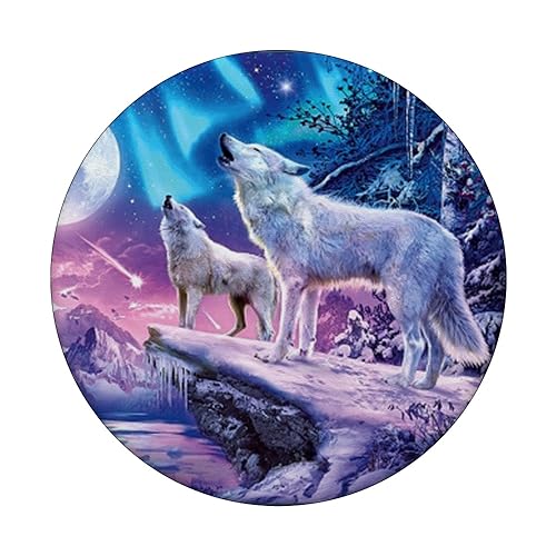 White Wolves Howling at Moon Northern Lights Pretty Wolf PopSockets Grip and Stand for Phones and Tablets PopSockets Standard PopGrip