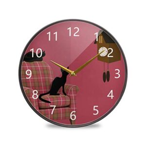 linqin cat and clock 9.5 inch silent battery operated wall clock easy to read unique design home decor round clock