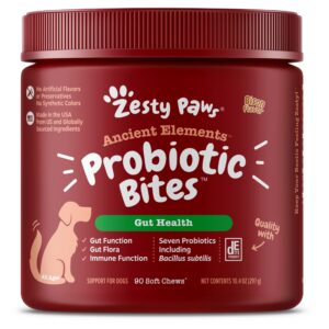 zesty paws probiotics for dogs - digestive enzymes for gut flora, digestive health, diarrhea & bowel support - clinically studied de111 - dog supplement soft chew for pet immune system - ae, 90 count