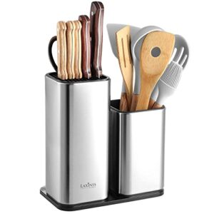 knife holder and utensil holder - stainless-steel modern rectangular design universal knife block and kitchen utensils organizer for counter-top
