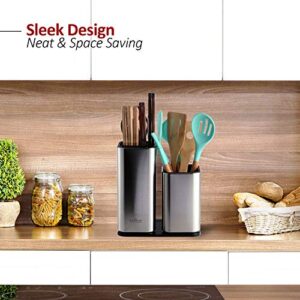 Knife Holder and Utensil Holder - Stainless-Steel Modern Rectangular Design Universal Knife Block and Kitchen Utensils Organizer for Counter-top