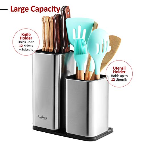 Knife Holder and Utensil Holder - Stainless-Steel Modern Rectangular Design Universal Knife Block and Kitchen Utensils Organizer for Counter-top