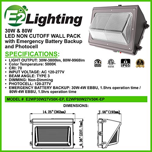 E2 Lighting Non Cut Off LED Wall Pack 30 watts with Emergency Battery Backup/photocell E2WP30W27V50K-EP, RoHs Compliant UL and DLC Certified LED Wall Packs Commercial, 5 Year Warranty