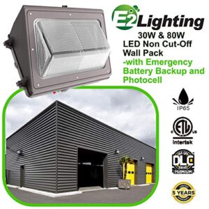 E2 Lighting Non Cut Off LED Wall Pack 30 watts with Emergency Battery Backup/photocell E2WP30W27V50K-EP, RoHs Compliant UL and DLC Certified LED Wall Packs Commercial, 5 Year Warranty