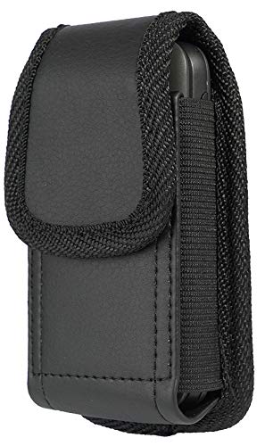 Flip Phone Case, Nakedcellphone Black Vegan Leather Vertical Pouch [with Belt Loop, Metal Clip, Magnetic Closure] for Alcatel Go Flip V, MyFlip, TCL Flip Pro Classic, Cingular Flip 4, Nokia 2720 2760