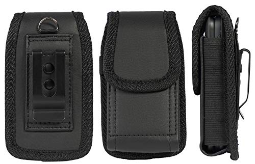 Flip Phone Case, Nakedcellphone Black Vegan Leather Vertical Pouch [with Belt Loop, Metal Clip, Magnetic Closure] for Alcatel Go Flip V, MyFlip, TCL Flip Pro Classic, Cingular Flip 4, Nokia 2720 2760