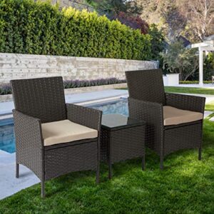 Aoxun Patio Bistro Set 3-Piece Outdoor Rattan Patio Furniture, Outdoor Bistro Set Wicker Patio Furniture with Coffee Table and Thick Cushion,Brown