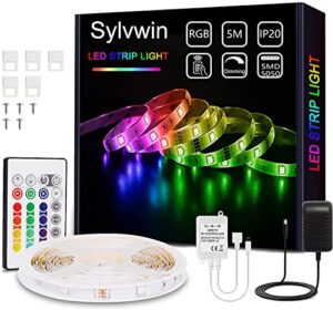 sylvwin led strip lights 16.4ft,rgb strip lights with color changing,smd 5050 dimmable lighting with remote control for home kitchen,bedroom decoration,party,tv backlight