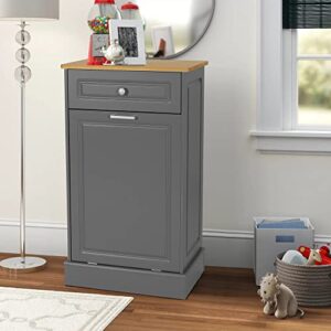 ONG Tilt Out Trash Cabinet Free Standing Kitchen Wooden Trash Can New Upgrade Recycling Cabinet, Hideaway Trash Holder, Kitchen Waste Bin, W/Drawer(Gray)